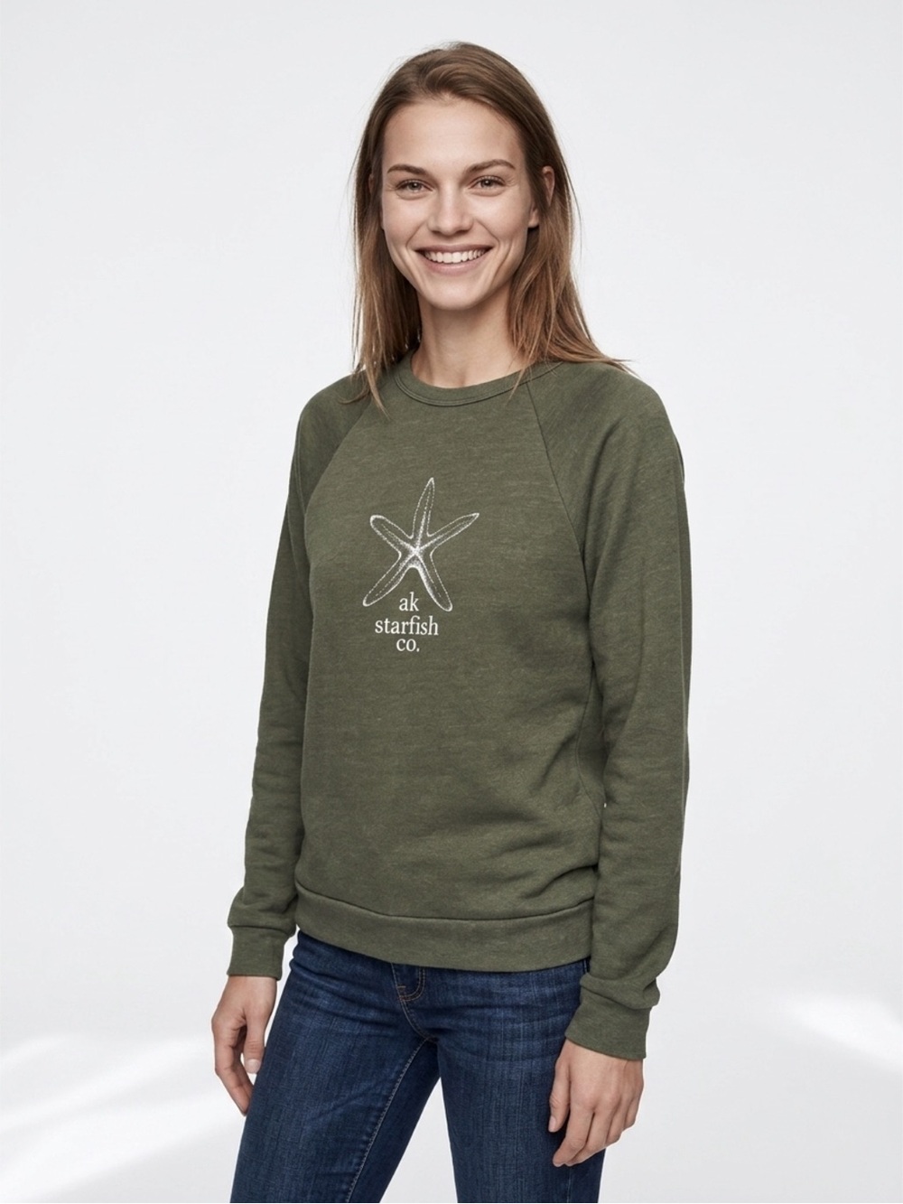 AK Starfish Co. Triblend Crewneck Sweatshirt Olive Green USA Made Small
